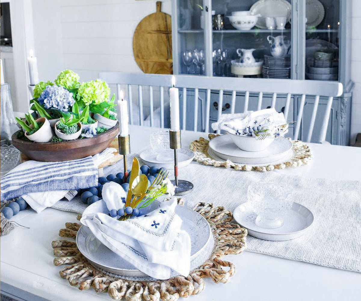 All Cotton and Linen Cloth Napkins - White Linen Napkins Set of 4 - Blue Cloth Napkins - Linen Dinner Napkins - Striped Napkins - Wedding Table