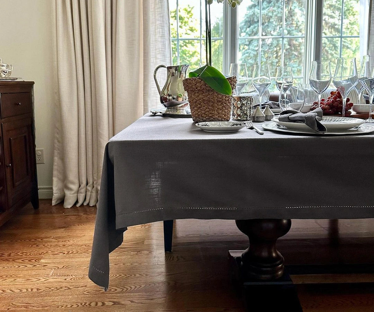 Elegant gray cotton hemstitch tablecloth for dining table décor