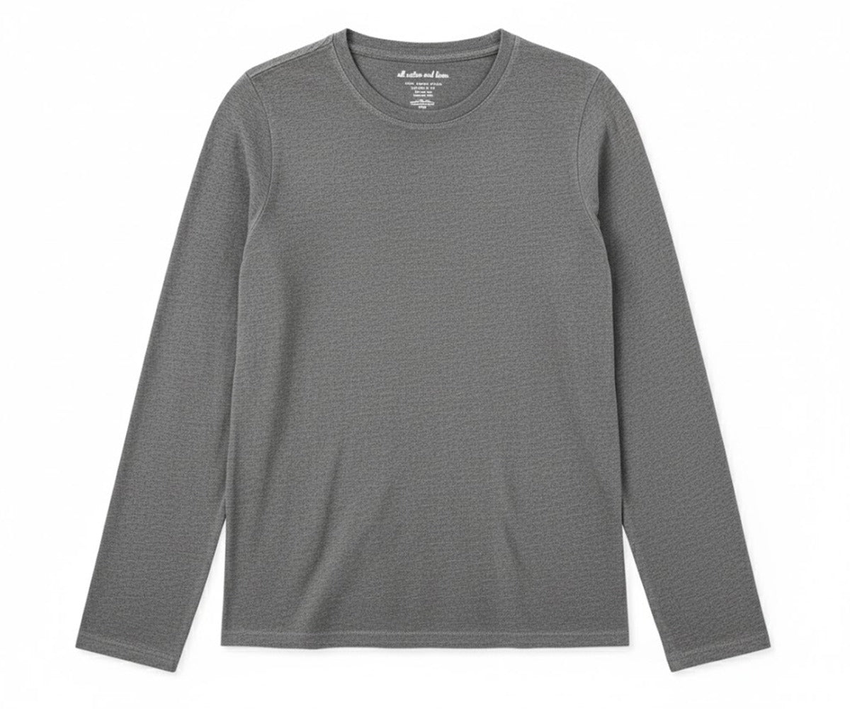 Casual gray long-sleeve t-shirt made of cotton. Plain and comfortable, laid flat for viewing.