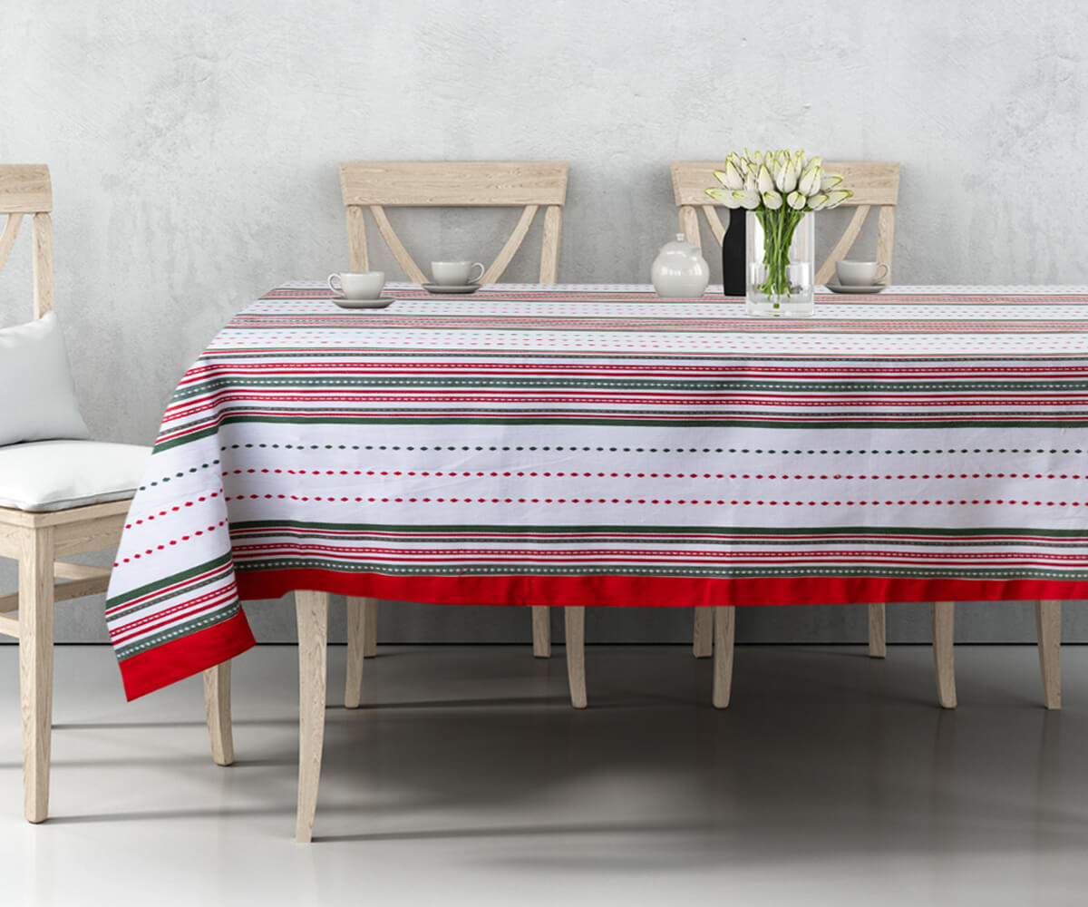 black , white and red striped tablecloth with red border 