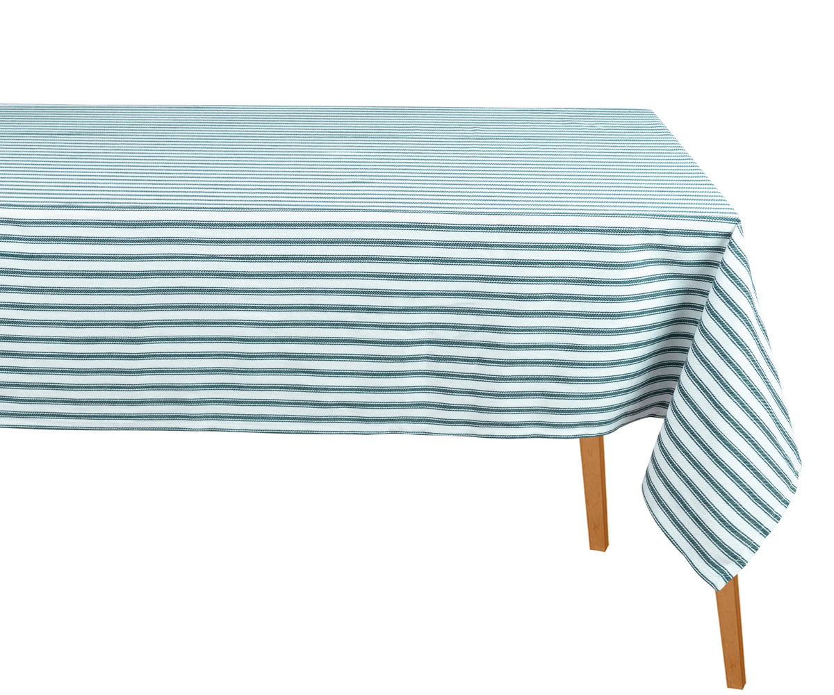 Green and white striped cotton rectangle tablecloth