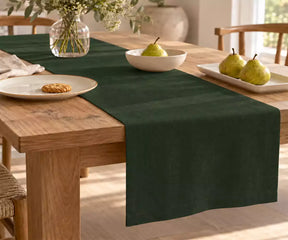 Green 100% linen table runner with a natural texture for fresh and inviting dining table decor