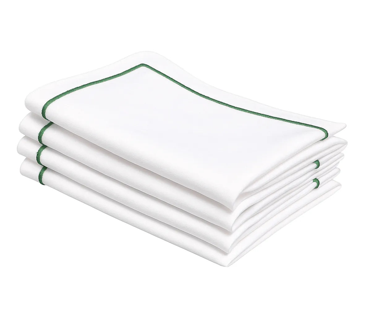 Green and white cotton embroidered dinner napkins, 100% cotton cloth napkins available in multiple sizes and bulk sets for weddings, holidays, and everyday dining
