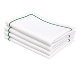 Green and white cotton embroidered dinner napkins, 100% cotton cloth napkins available in multiple sizes and bulk sets for weddings, holidays, and everyday dining