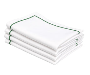Green and white cotton embroidered dinner napkins, 100% cotton cloth napkins available in multiple sizes and bulk sets for weddings, holidays, and everyday dining
