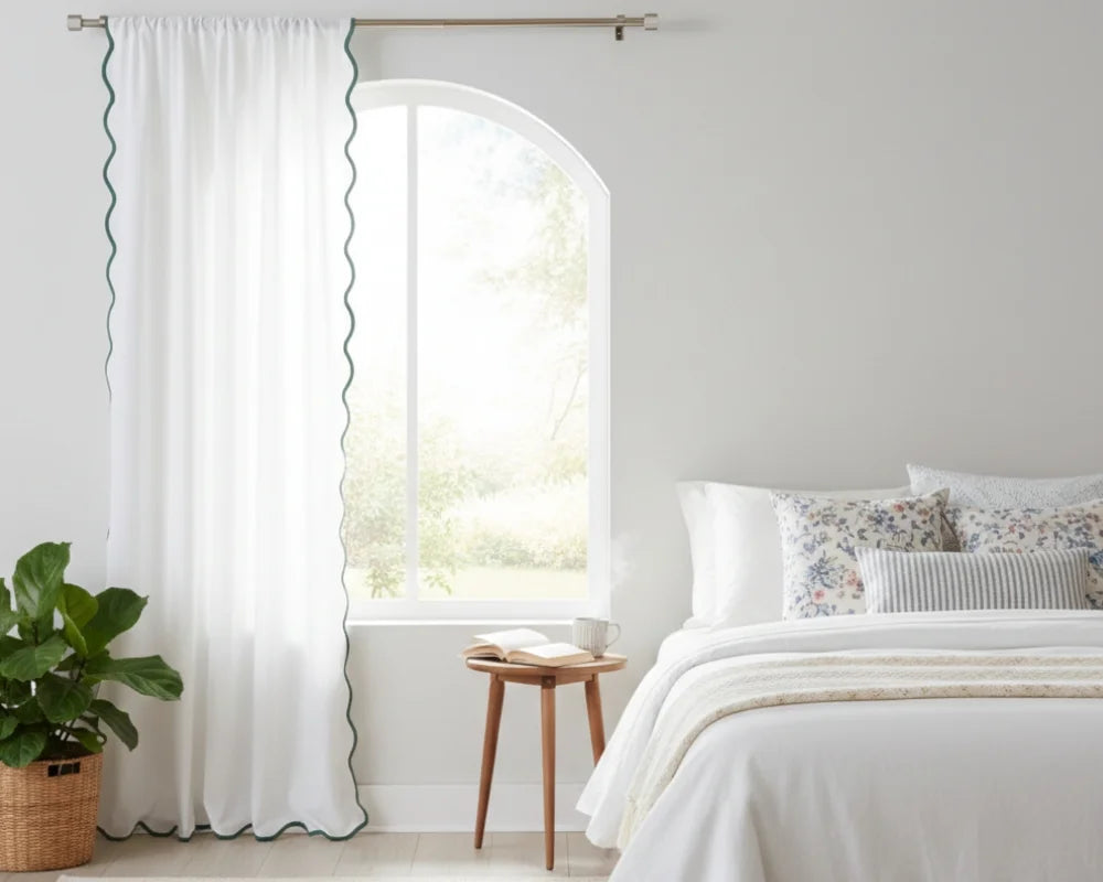 White curtain with Green wavy side trim in a bedroom setting