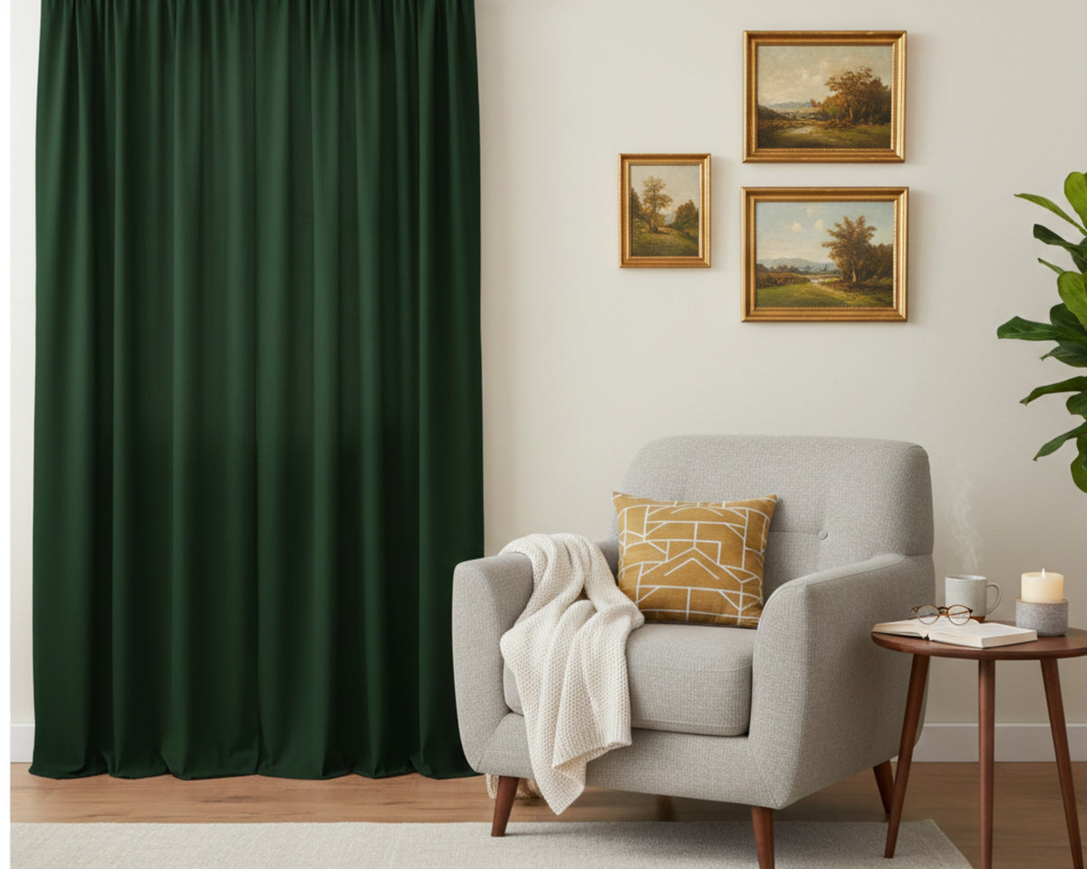 Rich forest green curtains in a bright room featuring.