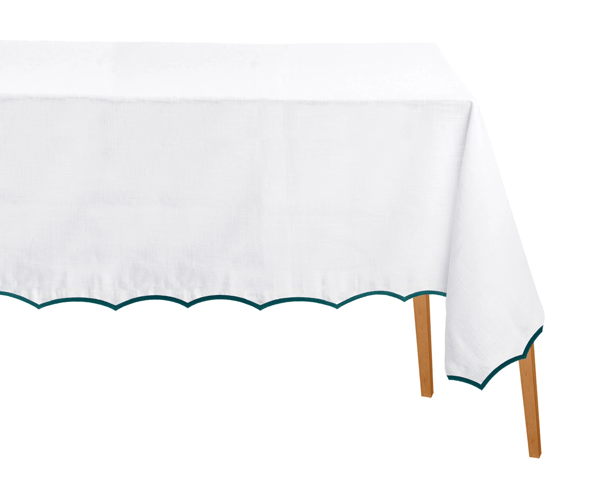 Green fabric tablecloth with scalloped edge and white border, perfect for garden parties, weddings, and formal dining.