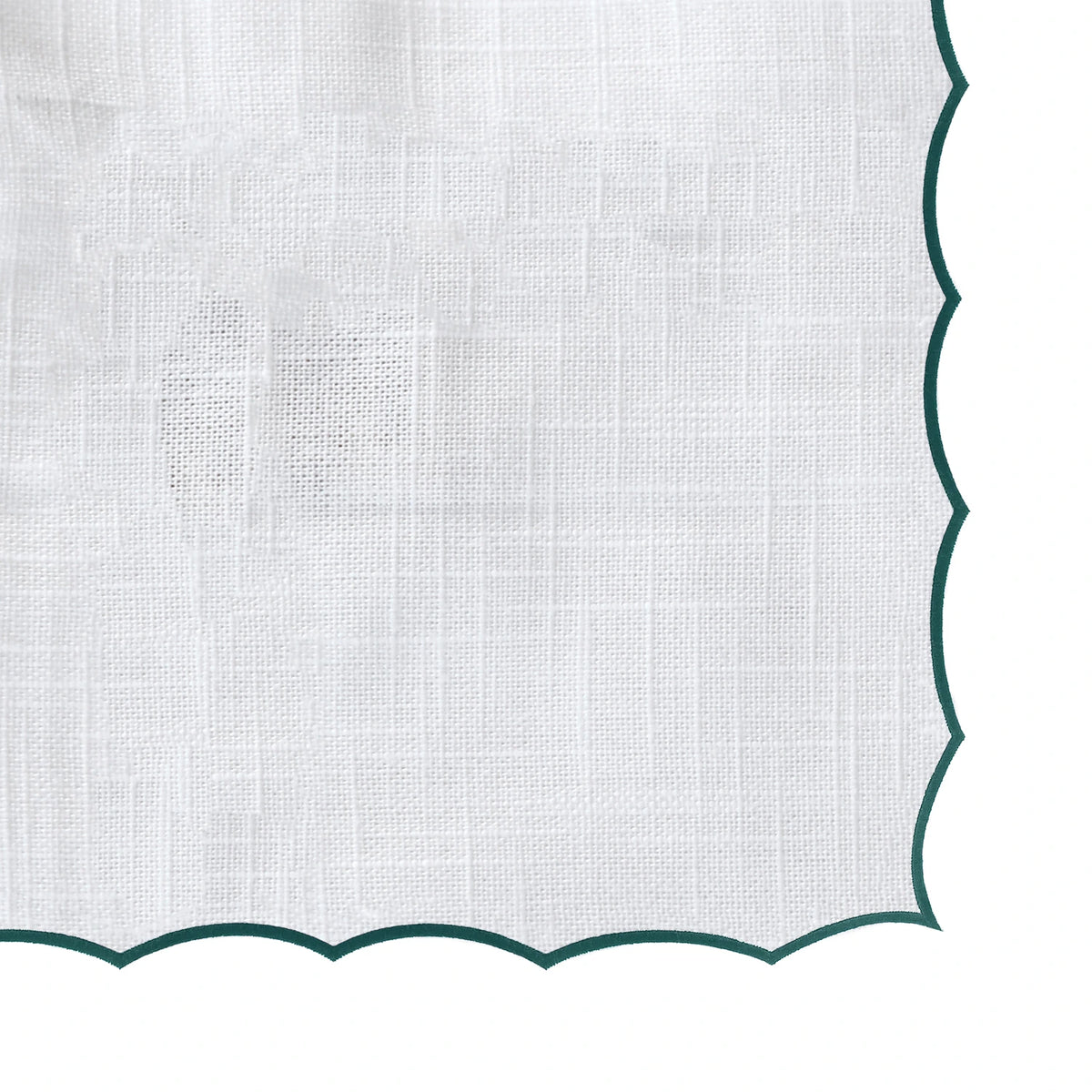 Green and white cloth tablecloth with scalloped edge design, ideal for banquets, outdoor dining, and everyday use.