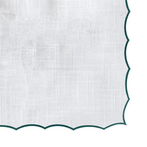 Green and white cloth tablecloth with scalloped edge design, ideal for banquets, outdoor dining, and everyday use.