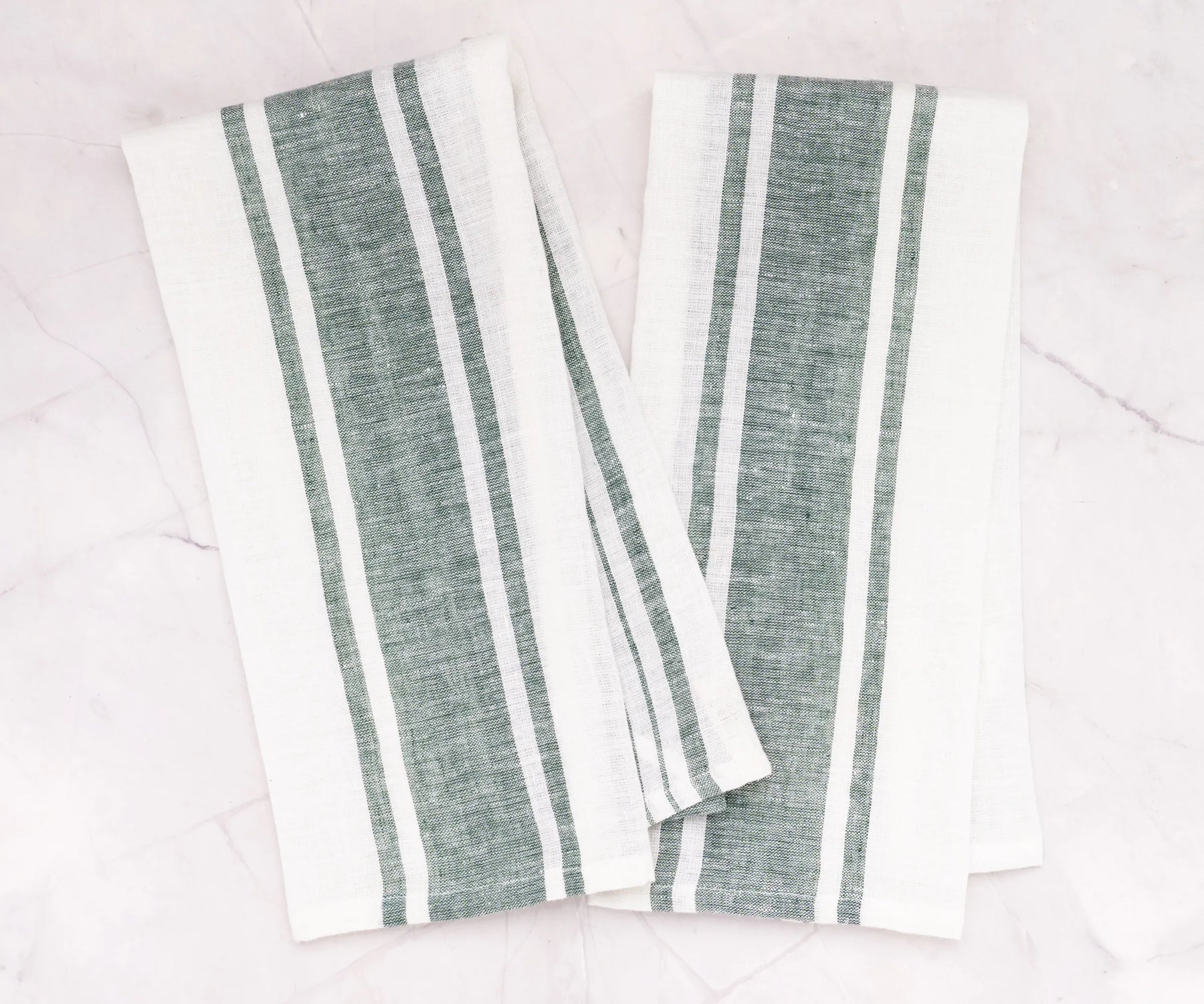 Pair of green striped eco-friendly linen towels – soft quick-dry kitchen hand towels for daily cooking and cleaning use.