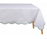 Fresh white cotton tablecloth with green scalloped embroidery stylish, natural, and versatile dining table linen for weddings, holidays, or casual meals. 100% cotton embroidered rectangle tablecloth.