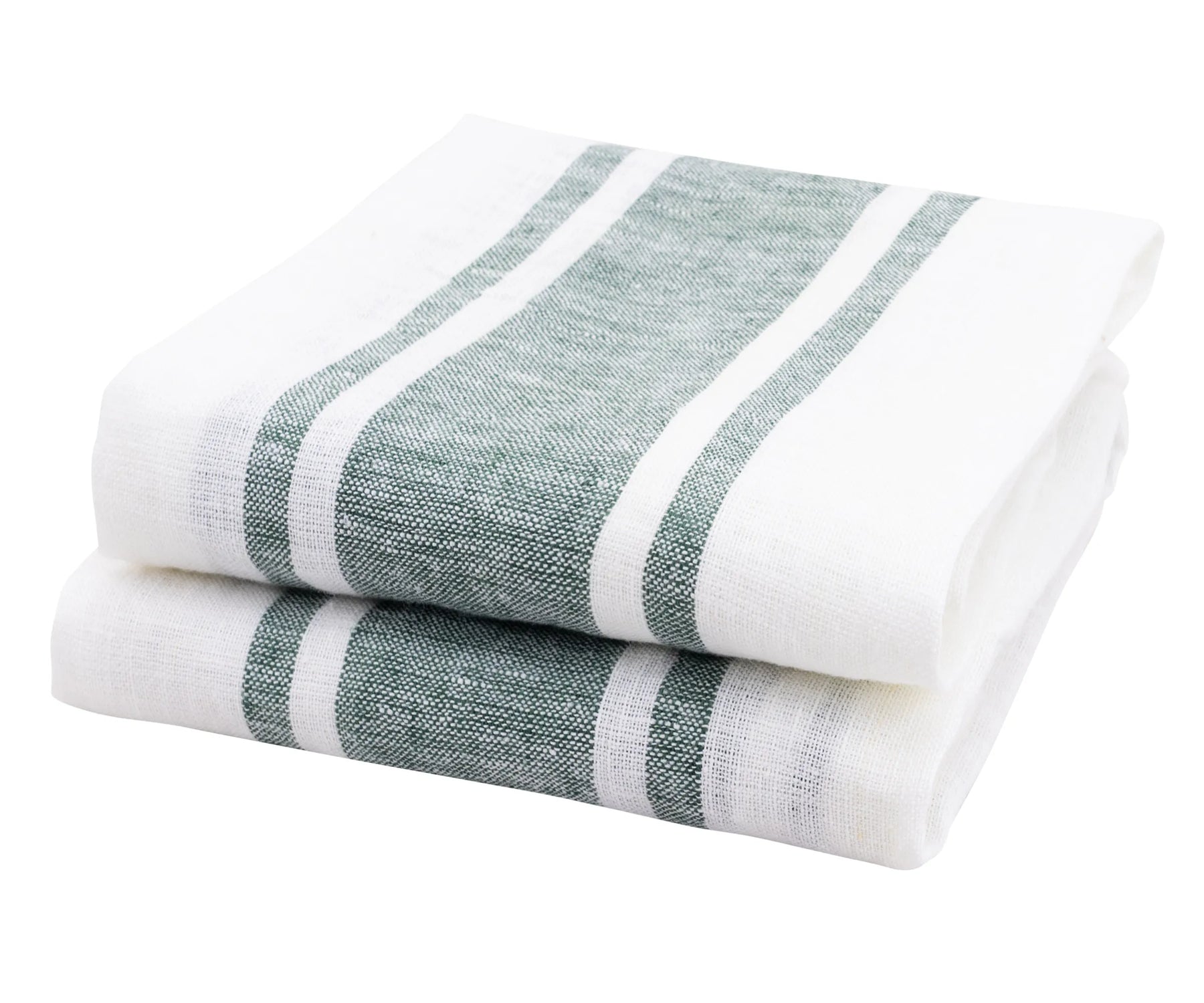 Set of 2 green striped linen kitchen towels, 18x28 inches – absorbent quick-dry dish towels for farmhouse and modern kitchens.