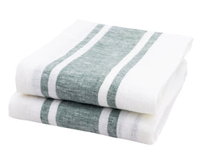 Set of 2 green striped linen kitchen towels, 18x28 inches – absorbent quick-dry dish towels for farmhouse and modern kitchens.