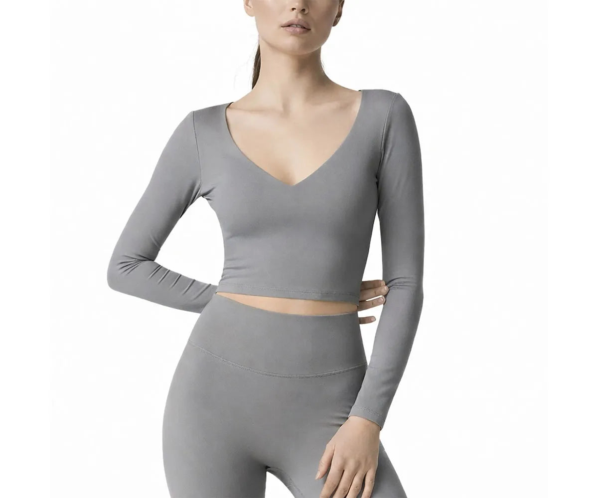 Women’s athletic full sleeve t-shirt in soft stretch fabric, modern V-neck gym top for workouts and daily activewear