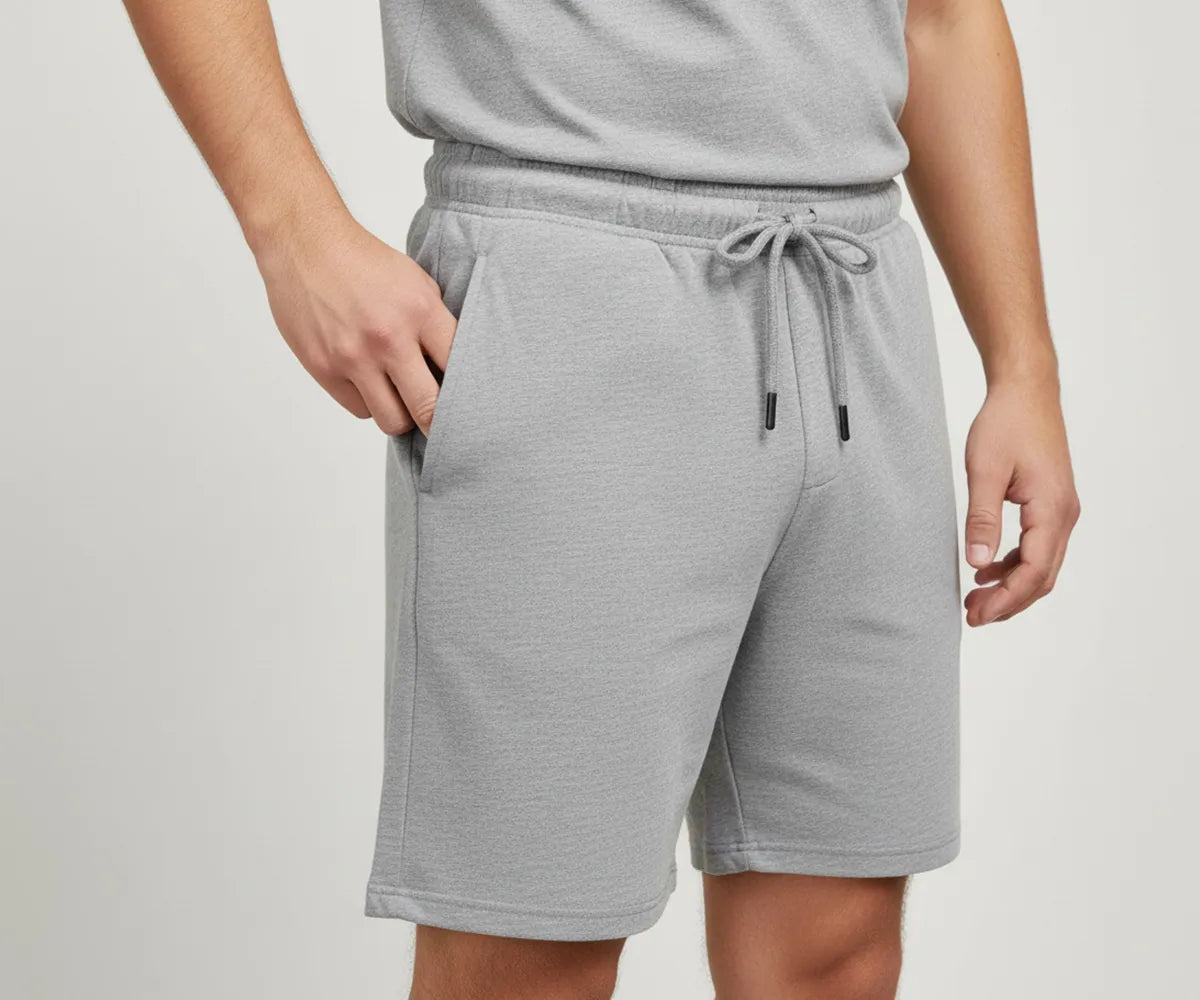 Men’s grey cotton shorts with elastic waistband and drawstring, breathable athletic fit casual shorts for gym, beach, and lounging