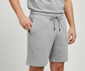 Men’s grey cotton shorts with elastic waistband and drawstring, breathable athletic fit casual shorts for gym, beach, and lounging