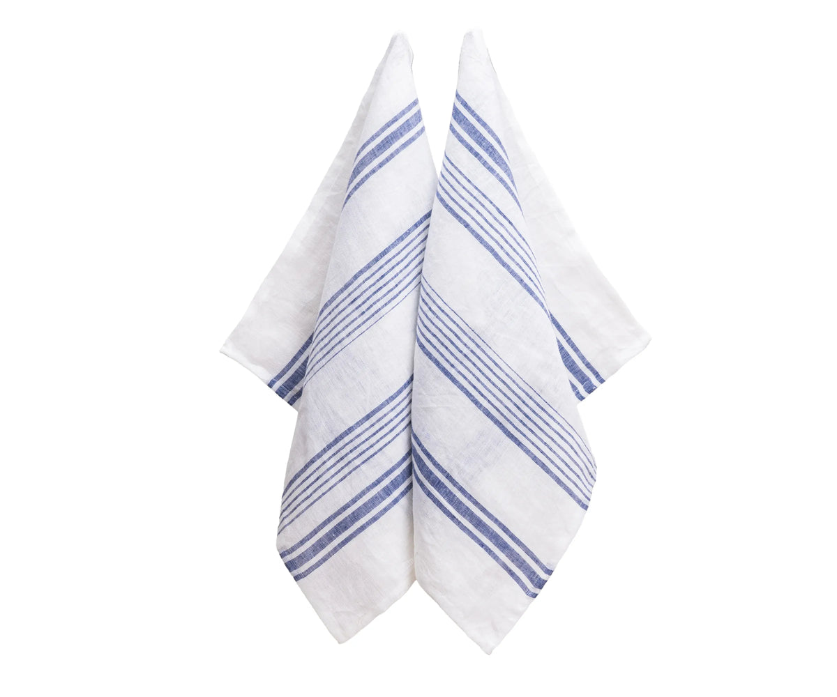 Linen tea towels in blue and white stripe pattern