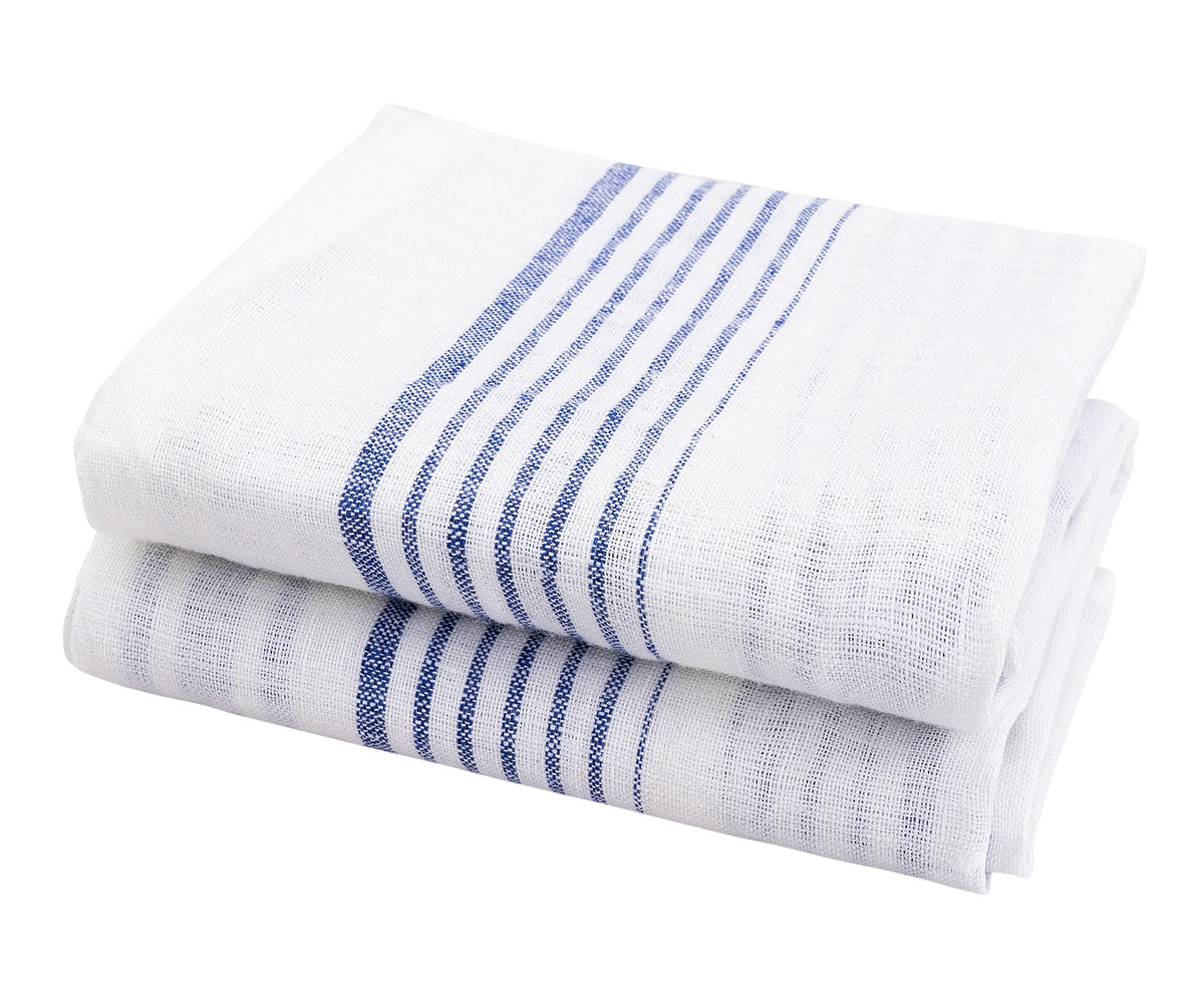 Blue linen kitchen towels set of 2 with white stripes