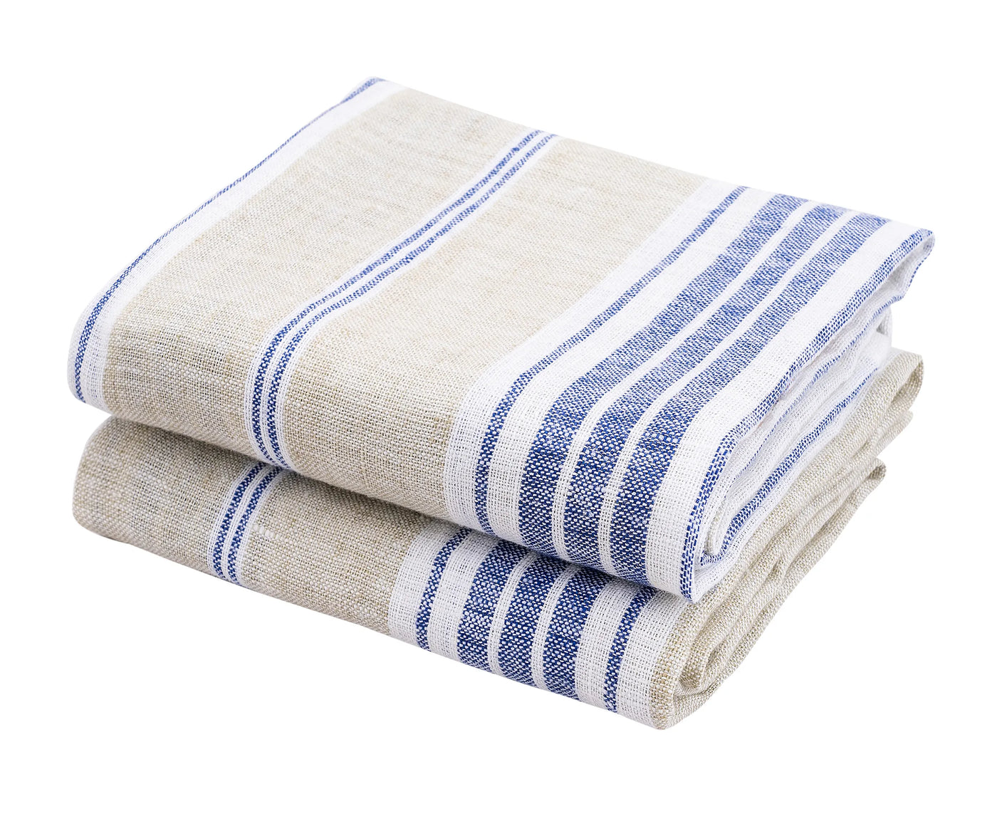 Blue and tan striped linen dish towel folded neatly on a rustic wooden kitchen counter
