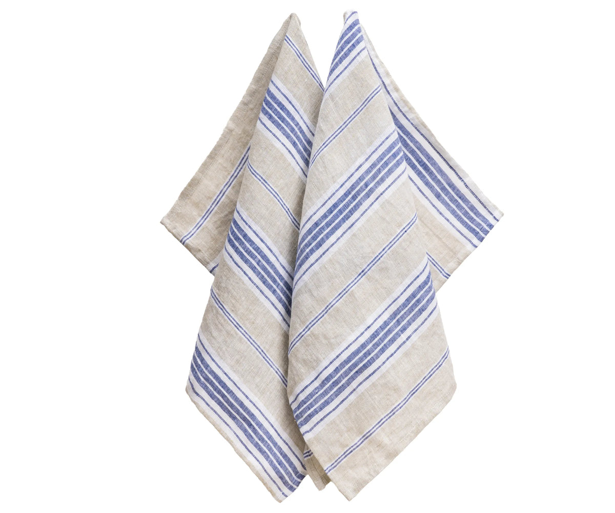 Close-up of absorbent blue striped dish towel with natural linen texture
