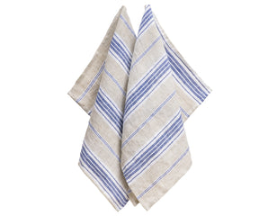 Close-up of absorbent blue striped dish towel with natural linen texture