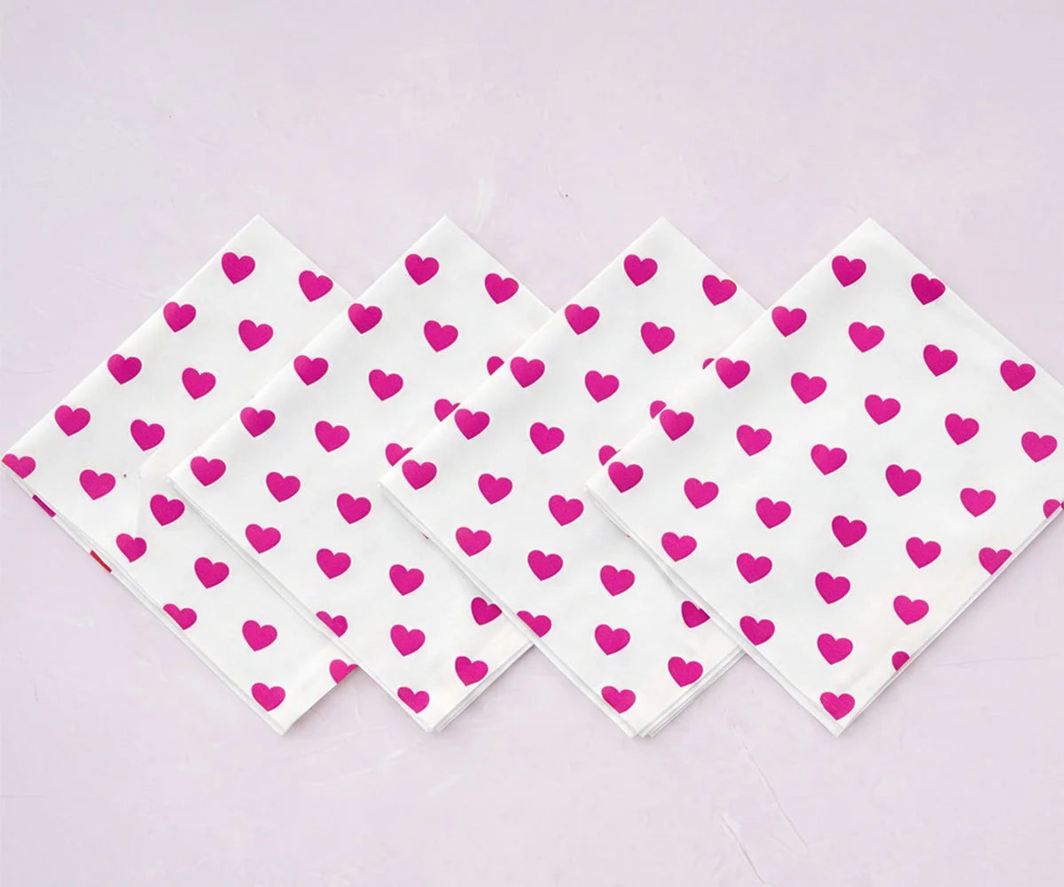 White cloth napkins with Pink heart print