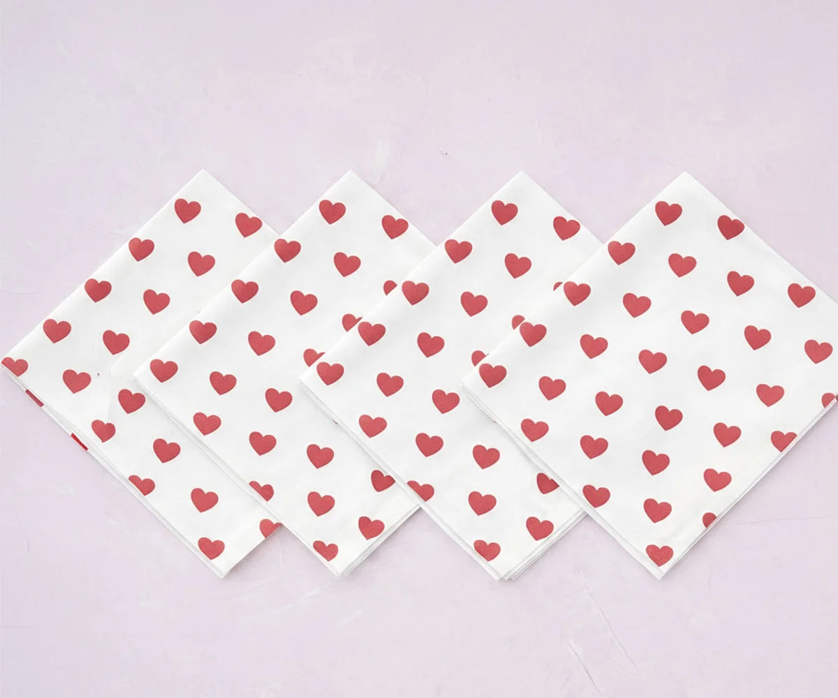 White cloth napkins with Wine red heart print