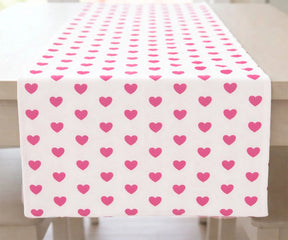 Cotton table runner with blush pink heart embroidery, delicate Valentine’s Day table linen
