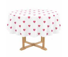 Blush pink heart printed round cotton tablecloth, soft romantic table décor for weddings and special occasions
