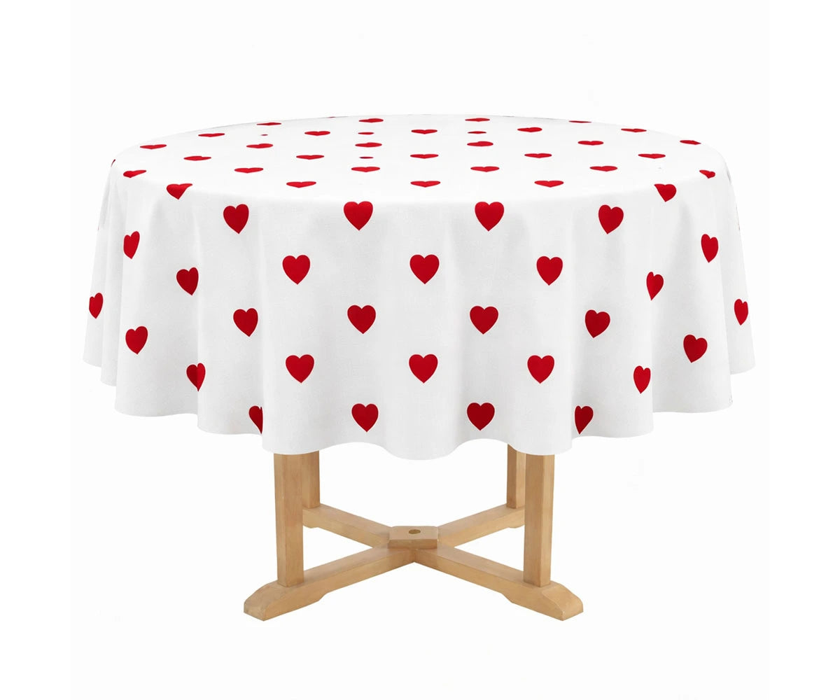 Red heart printed round tablecloth in 100% cotton, romantic Valentine’s Day table décor for dining tables
