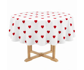 Red heart printed round tablecloth in 100% cotton, romantic Valentine’s Day table décor for dining tables
