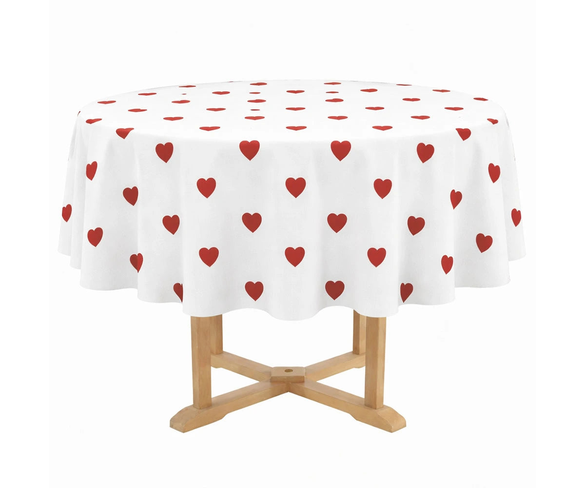 Wine red heart printed round tablecloth in 100% cotton, luxury romantic table linen for festive and Valentine’s décor
