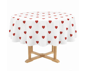 Wine red heart printed round tablecloth in 100% cotton, luxury romantic table linen for festive and Valentine’s décor
