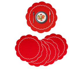Classic round placemats made from red cloth, ideal for everyday use or special occasions.