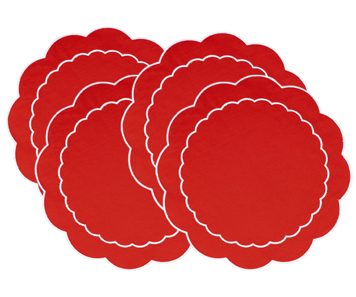 Protective and decorative, round red table placemats to enhance your dining space.
