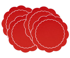 Protective and decorative, round red table placemats to enhance your dining space.
