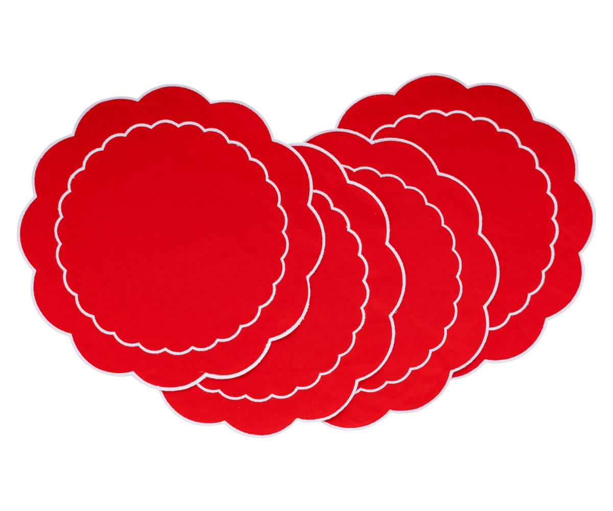  Vibrant red, round placemats to add a pop of color and protect your round dining table. Red scalloped placemats: Elegant red placemats with a scalloped edge, perfect for a sophisticated table setting.