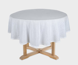 Round Christmas tablecloth for dining table – 63 inch hemstitched for clean elegance