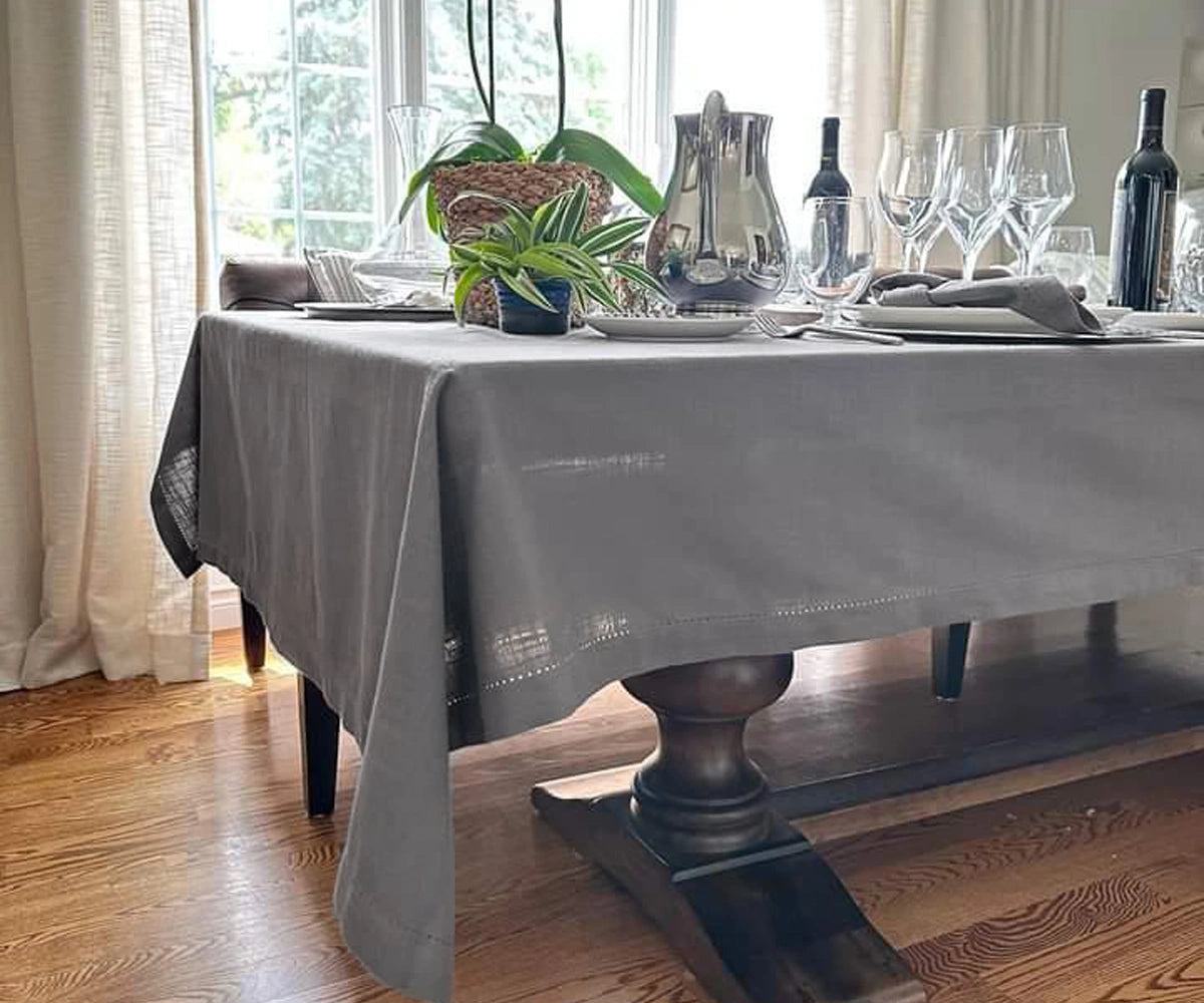 Rectangle gray hemstitched cotton tablecloth for family dinners