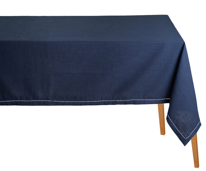 Elegant navy tablecloth with hemstitch for weddings and formal dining décor