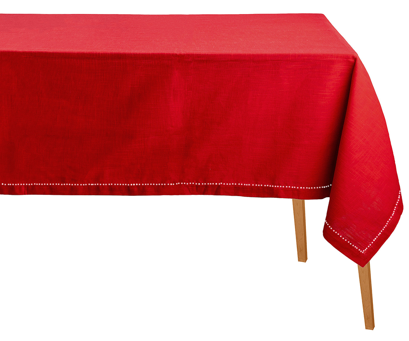 Red tablecloth on a wooden table with a white background