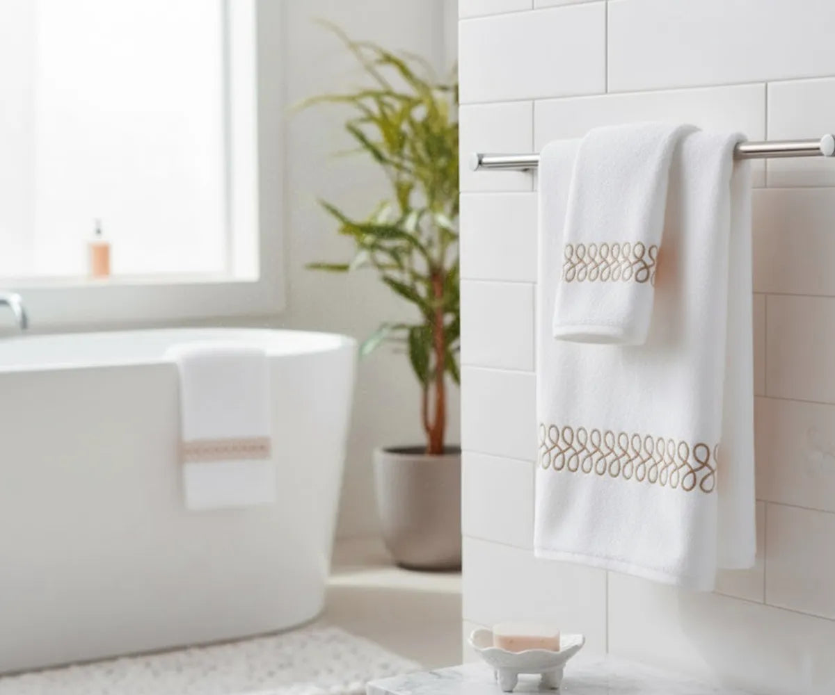 Soft white bath towel with beige embroidered border made from 100% cotton
