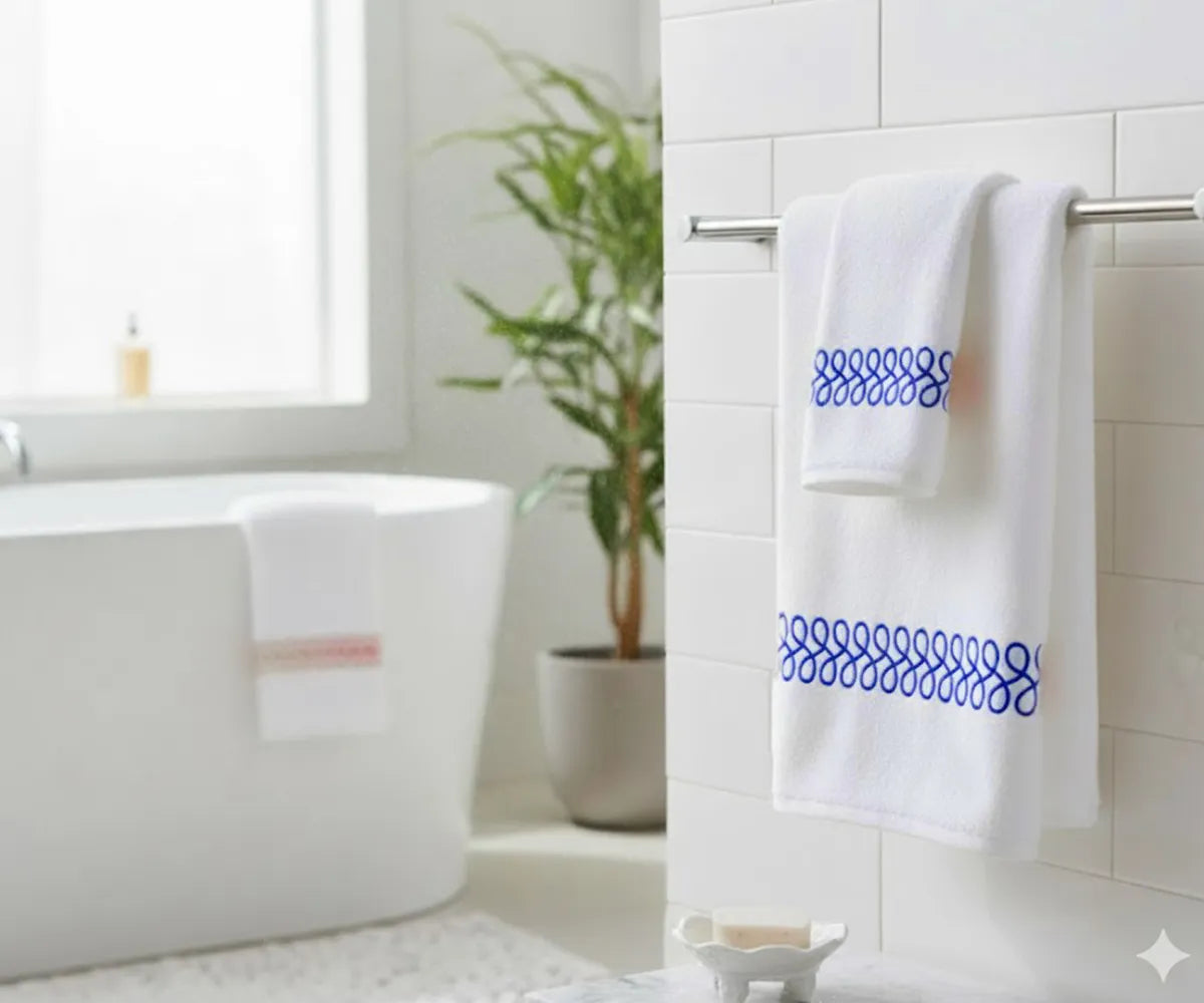 Soft 100% cotton bath towel with royal blue embroidered border for elegant bathroom décor
