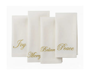 Set of embroidered ivory napkins with festive words Joy, Merry, Peace, and Believe, crafted from 100% cotton for holiday and everyday dining