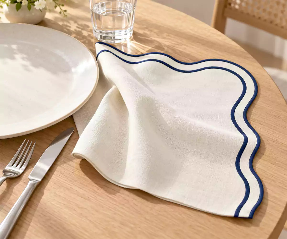 Ivory Napkins with Navy Scallop Edge