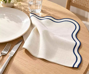 Ivory Napkins with Navy Scallop Edge
