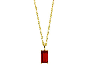 Red ruby necklace for women featuring a baguette-cut July birthstone pendant in 14K gold plating, minimalist everyday gemstone jewelry gift
