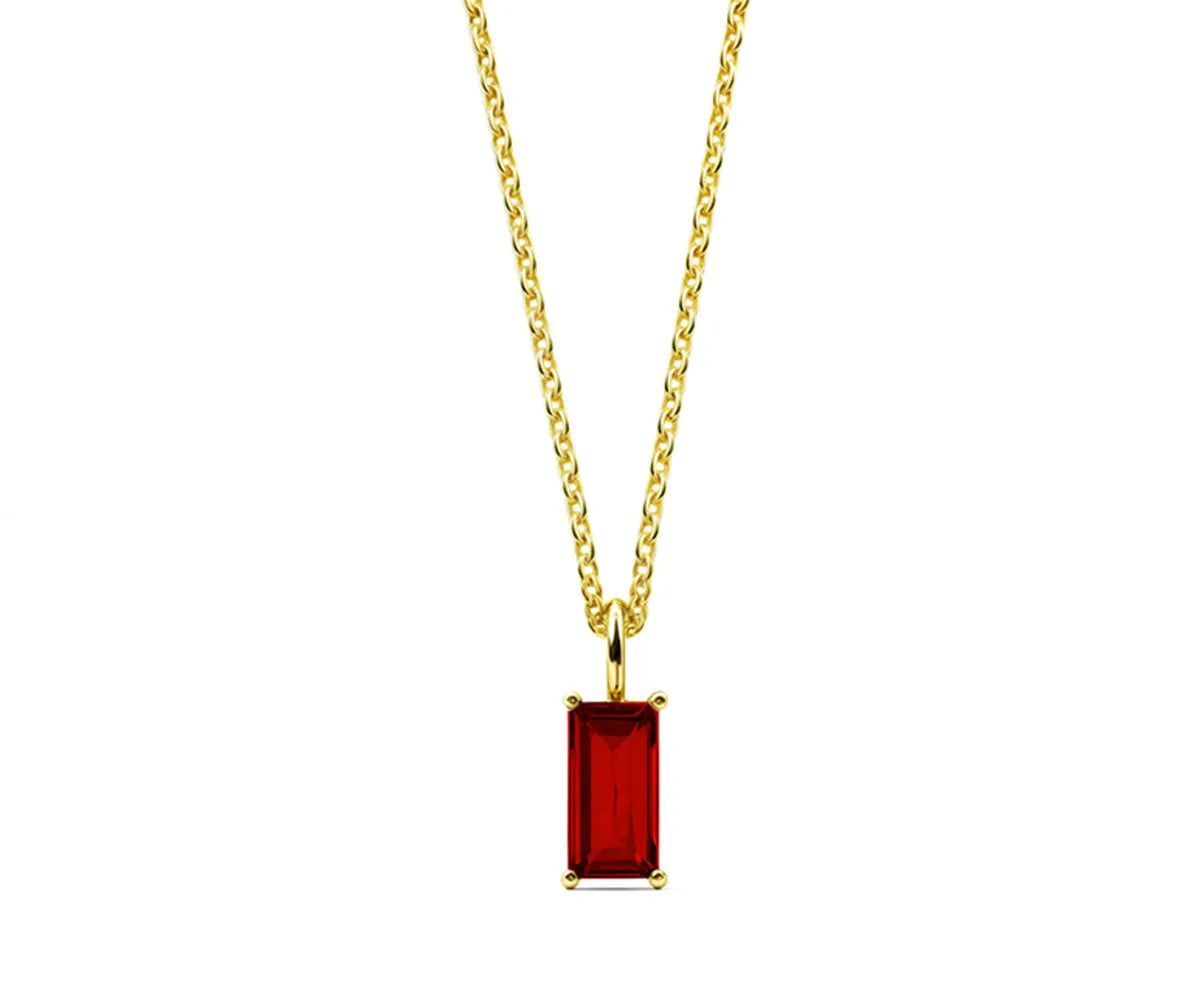 Red ruby necklace with baguette-cut ruby and 14K yellow gold plating