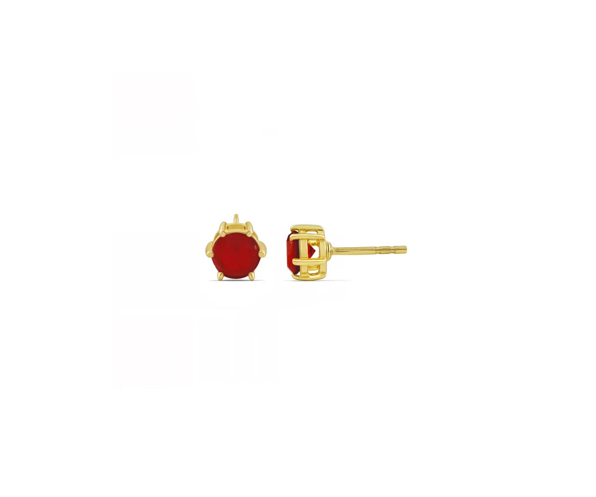 Close-up of 14K gold ruby stud earrings with 5mm red gemstone